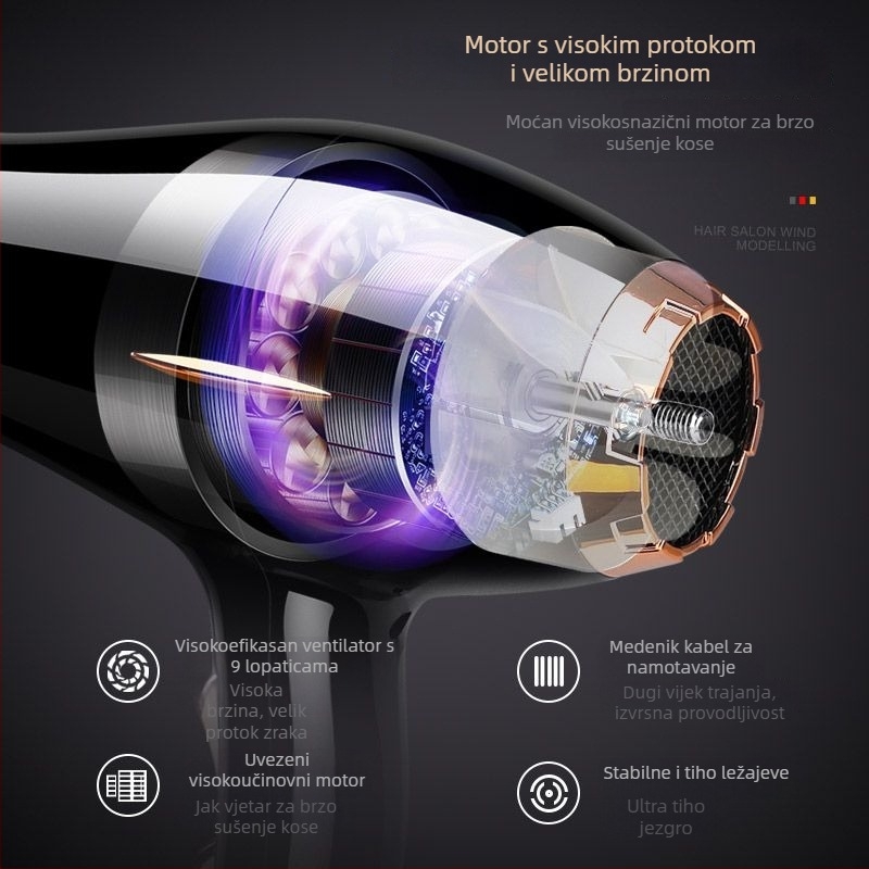 Sušilo za kosu za kućnu upotrebu, visoke snage 800 W, DC motor, sklopiva ručka, usnik s jednim nastavkom, topli/hladni zrak
