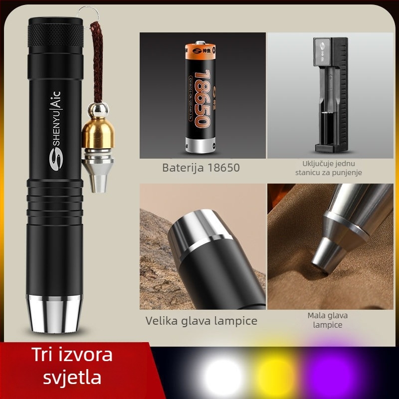 Fener za identifikaciju jadea s UV svjetlom 365 nm - tijelo od aluminijske legure, punjiva baterija s punjačem, ručno napajanje, LED svjetlo