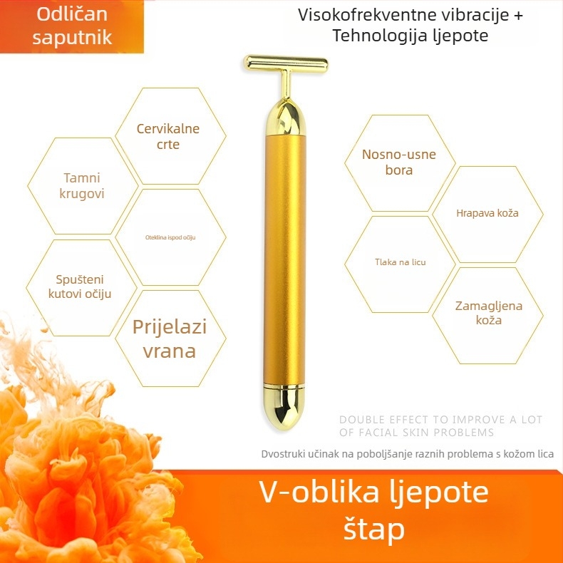 Tip T, 24K zlatni električni masažni štapić za lice za lifting V-lica – kozmetički alat za njegu lica, s jednom brzinom, kućna uporaba