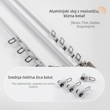 Teška tiha tračnica za zavjese s dvostrukom tračnicom, montirana na vrhu i bočno, ravna tračnica