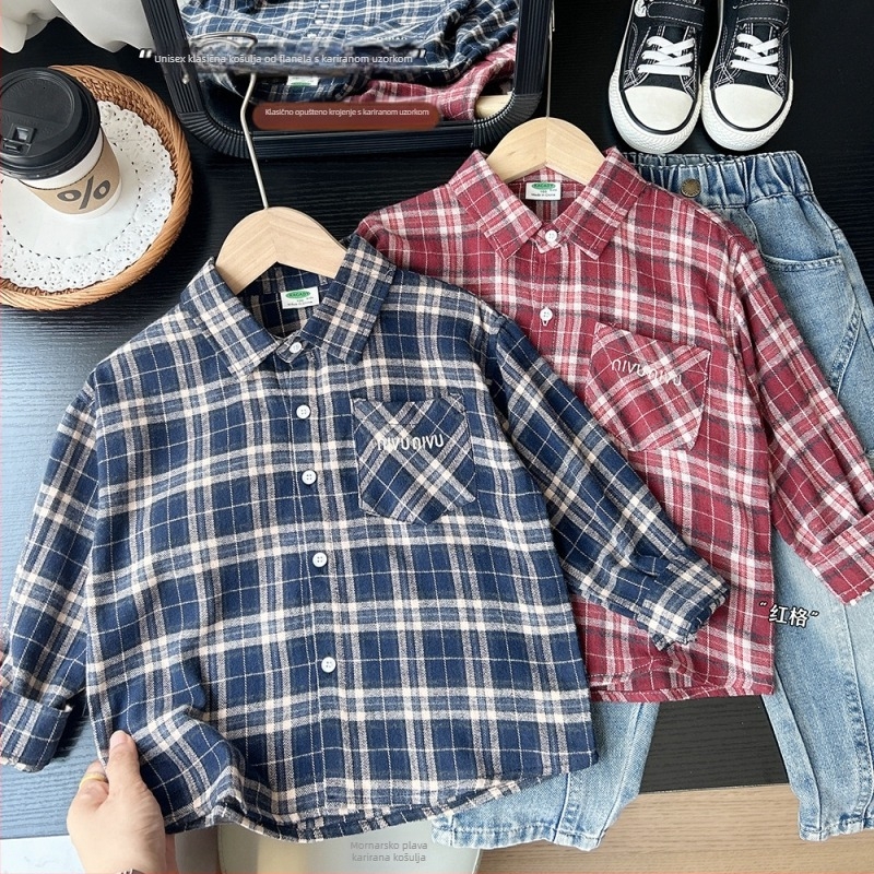 Dječja pamuk košulja, karirana, dugi rukav, turn-down ovratnik, casual stil za jesen
