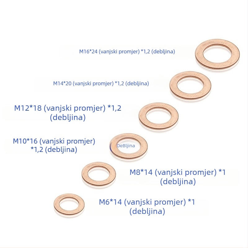 Bakreni set brtvila, 110 komada, uključuje bakrene pločaste brtvile i brtvene prstene, M6–M16
