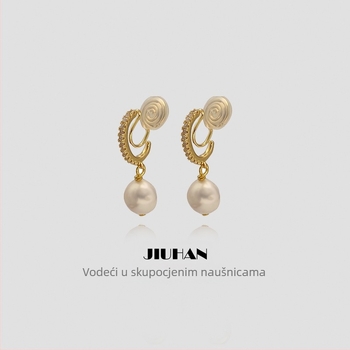 Naušnice klipsne s biserima slatkovodnim, francuskog stila, geometrijski dizajn, elektroplatirani završni sloj, prirodni stil