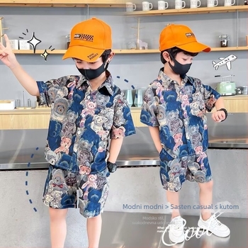 Dječji ljetni dvodijelni kostim: košulica s kratkim rukavima i kratke hlače, lagana poliesterska mješavina 97% poliester, 3% spandex, opušteni stil, ljeto 2025