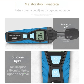 Ručni digitalni mjerač buke, raspon 30–150 dB, točnost ±2.0 dB, rezolucija 0.1 dB, radna temperatura 0–40°C