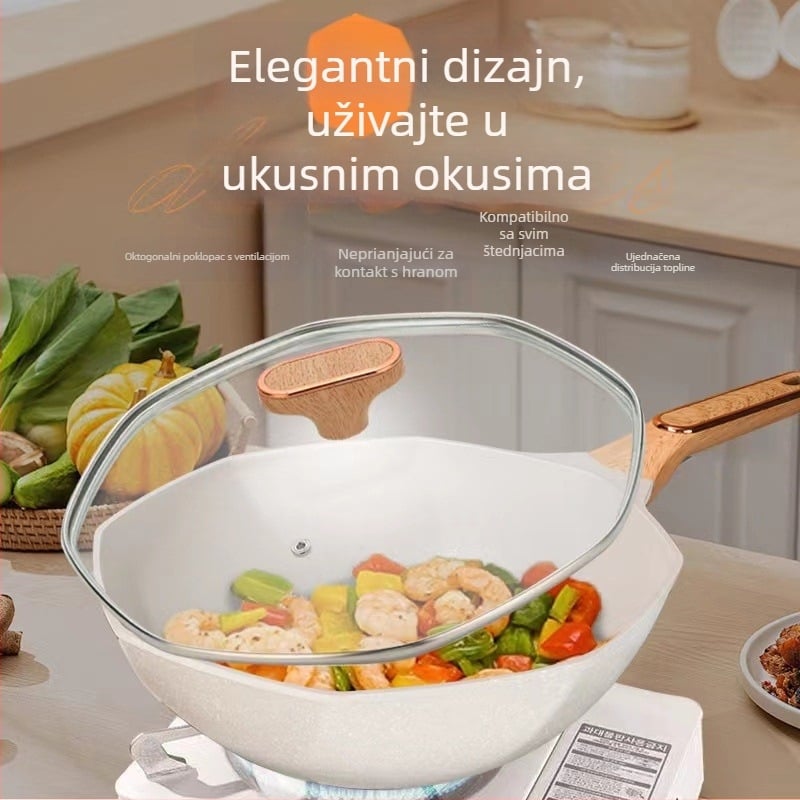 Wok od Maifan kamena, non-stick, kompatibilan s indukcijskim pločama, stakleni poklopac, model H09