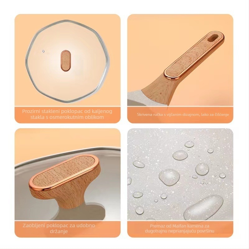 Wok od Maifan kamena, non-stick, kompatibilan s indukcijskim pločama, stakleni poklopac, model H09