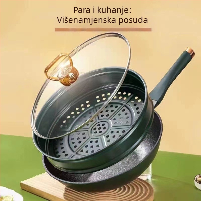 Wok od Maifan kamena, non-stick, kompatibilan s indukcijskim pločama, stakleni poklopac, model H09
