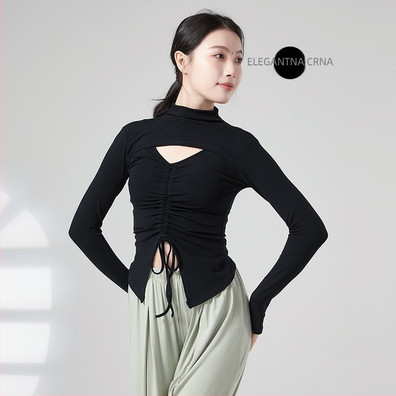 Ženski plesni top za vježbanje s vezicama i zatvaračem, dugi rukav, vitka silueta, materijal: viskoza 93%