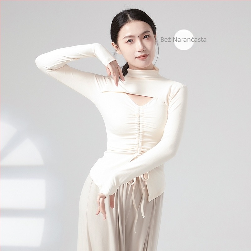 Ženski plesni top za vježbanje s vezicama i zatvaračem, dugi rukav, vitka silueta, materijal: viskoza 93%