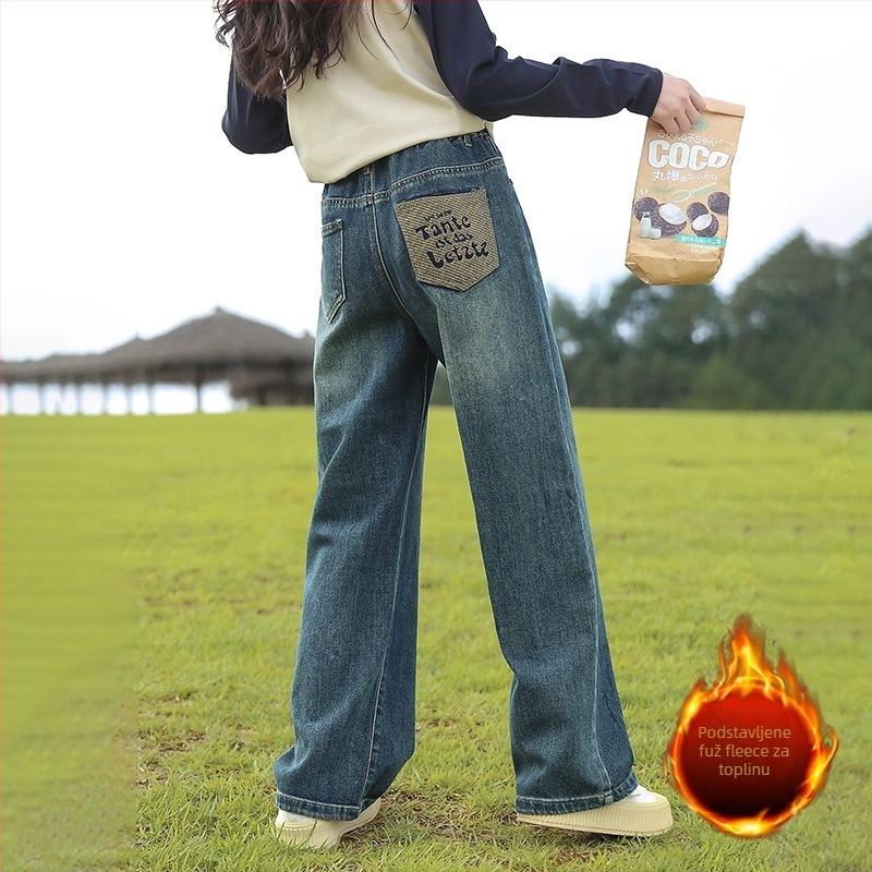 Dječje traperice s širokim krojem, elastični pojas, pamukova smjesa 38,8%, meka tekstura, proljeće–jesen 2025