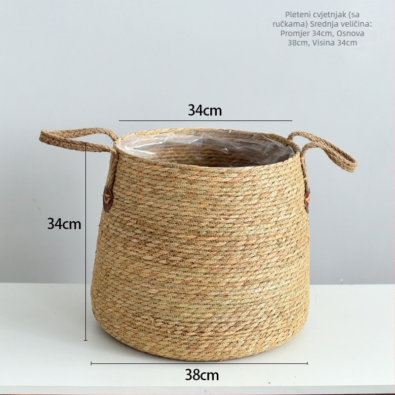 Ručni pleteni koš od trave za saksije – dekorativni skladišni koš za biljke, mogućnost tiska logotipa