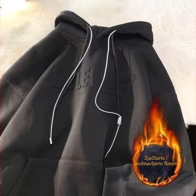 320 g teška vintage hoodie s kapuljom, oversize slobodan kroj, dugi rukavi, uzorak s slovima, poliester materijal