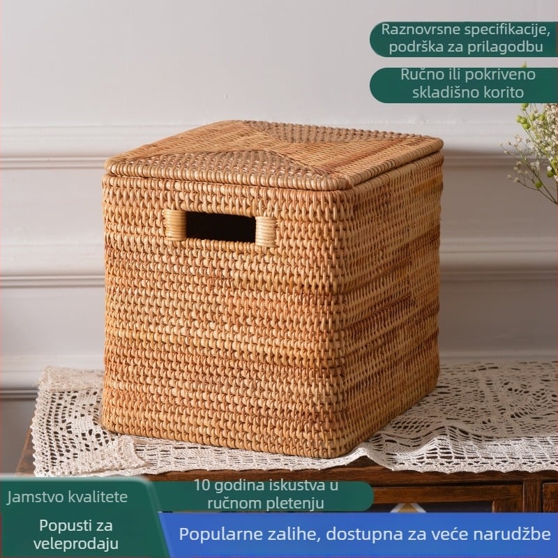 Ručni pleteni koš za skladištenje od jesenskog ratana sa poklopcem, nordijski stil, Eighty Rattan, porijeklo Vietnam, pogodan za CD-e, knjige i sitne predmete