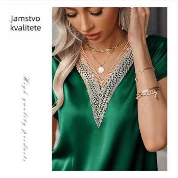 Poliester satin majica s V-izrezom, bat rukav, kratki rukav, standardna duljina