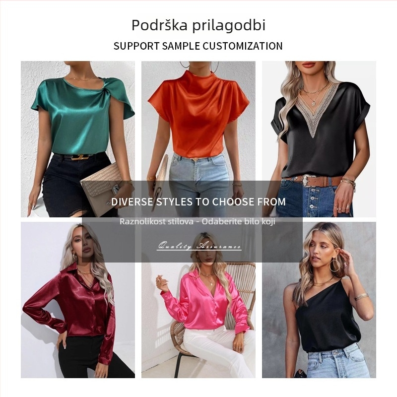 Poliester satin majica s V-izrezom, bat rukav, kratki rukav, standardna duljina