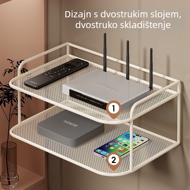 Dvoetažna zidna polica za Set-Top Box, router i TV, od željeza, bez bušenja, bez montaže