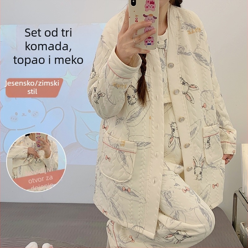 Trudnice i dojenje: slojeviti kardigan trokomponentni zimski set, prozračni pamuk, V-dekolte, dugi rukavi, 201–250 g/m²