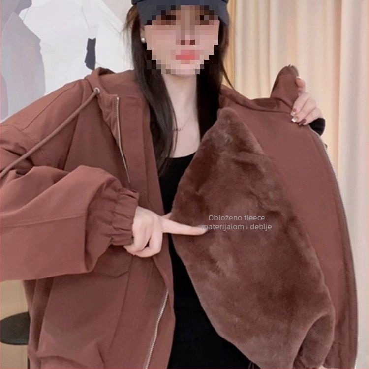 Ženska kratka jakna s kapuljačom, podstavljena flisom, Chenille tkanina, Spandex, glavni materijal <30%, opuštena ramena, Spring 2025