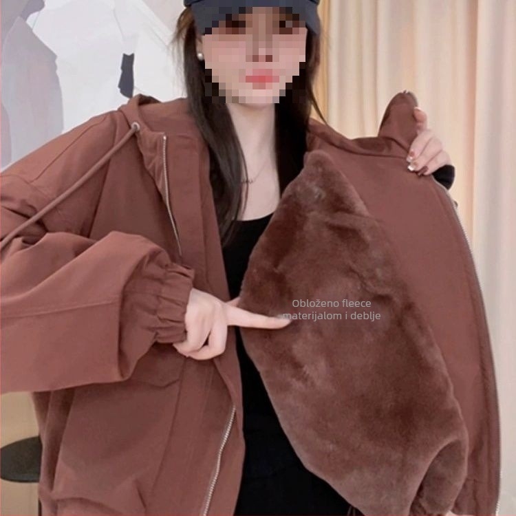 Ženska kratka jakna s kapuljačom, podstavljena flisom, Chenille tkanina, Spandex, glavni materijal <30%, opuštena ramena, Spring 2025