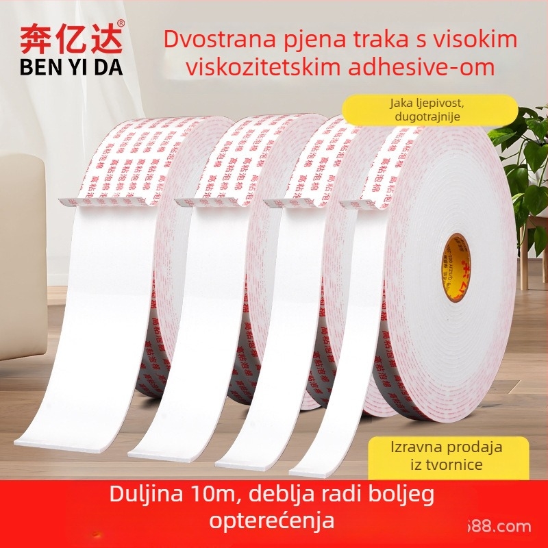 Dvoslojna pjena ljepilo traka – akrilno ljepilo, debljina 2,5 mm, duljina 10 m, pjena osnova, snažna adhezija za fiksiranje ukrasnih traka namještaja