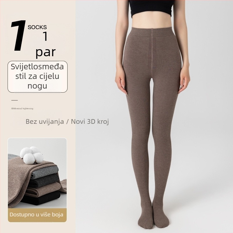 Ženske pamučne tajice za jesen-zimu, s flis podstavom, jednobojne, ravna linija struka, udio pamuka 50–70%