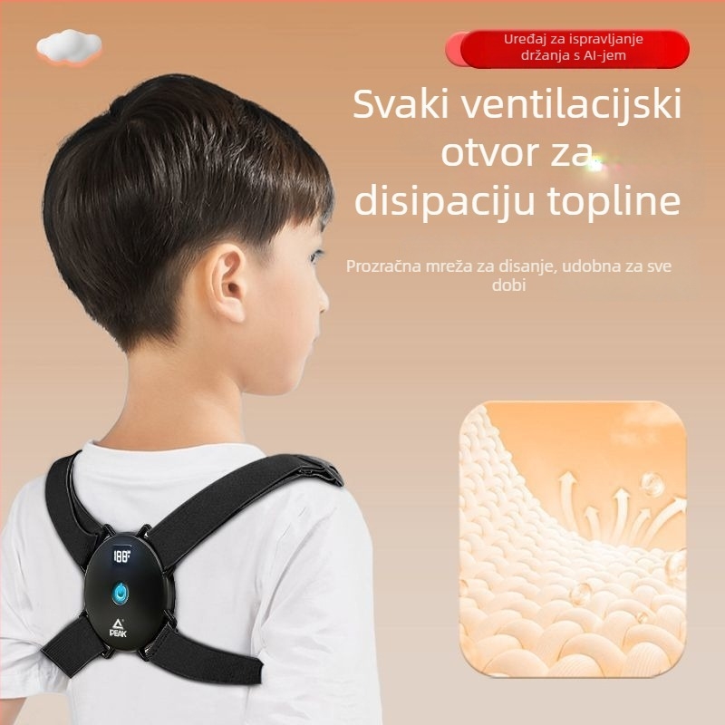 Peak Dječji pojas za korekciju držanja – inteligentni senzor, korekcija kifoze, nevidljivi podsjetnik na sjedenje, otvaranje ramena; model Pk-yaf4201-1bk, šifra proizvoda Yaf13113, izlazi 2025