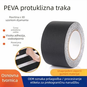 Peva protuklizna traka s dijamantnim uzorkom i gumenim česticama; osnova: Peva guma; debljina 0.8–1.3 mm; ljepilo: na bazi gume; temperaturni raspon: -10 do 70 °C
