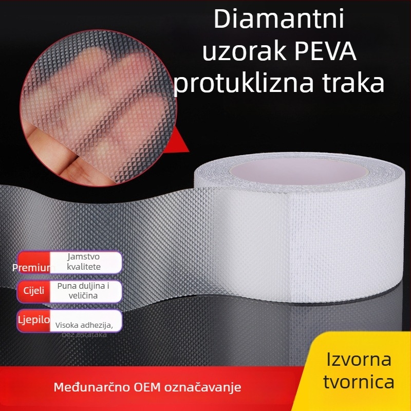 PEVA protuklizna traka s vodnim valovima i teksturom lychee, akrilno ljepilo, debljina 0.8–1.1 mm, temperaturna otpornost -10 do 70 °C, pogodna za kupaonicu