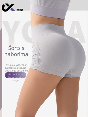 Plisirane ženske jog šorcevi, visokim strukom, podizanje stražnjice, materijal koji odvodi vlagu, 90% najlona