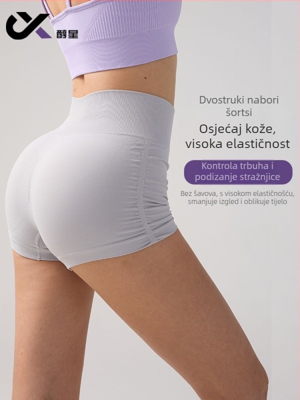 Plisirane ženske jog šorcevi, visokim strukom, podizanje stražnjice, materijal koji odvodi vlagu, 90% najlona