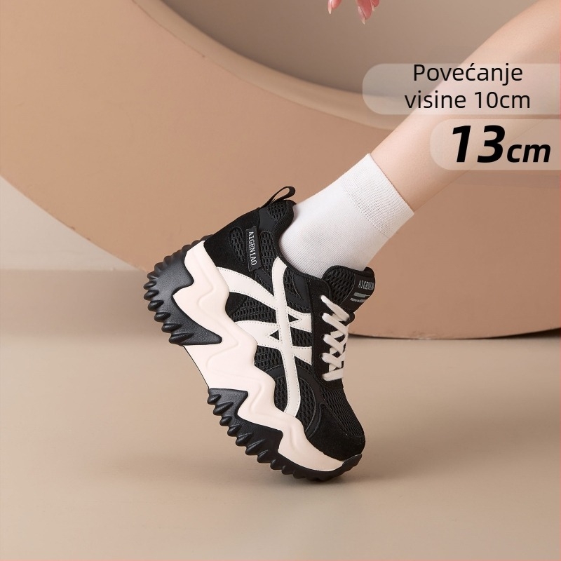 Ženske tenisice tipa dad shoes s podizanjem visine od 10 cm, 13 cm debelom potplatom, gornji dio od super vlakna, vezanje, EVA uložak