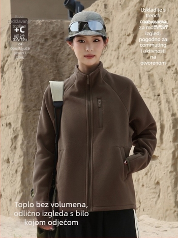 Ženska flis jakna s stojećim ovratnikom, kardigan stil, jednofarbna, zima i jesen