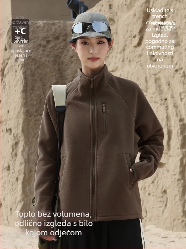 Ženska flis jakna s stojećim ovratnikom, kardigan stil, jednofarbna, zima i jesen