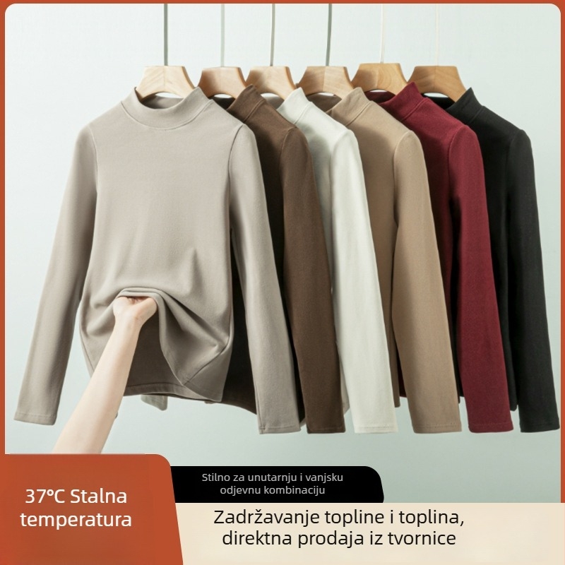 Osnovna majica za bazni sloj s polugornim ovratnikom, plišasti flis za toplinu, unisex, debeo tkivo 251–300 g/m², dugi rukavi