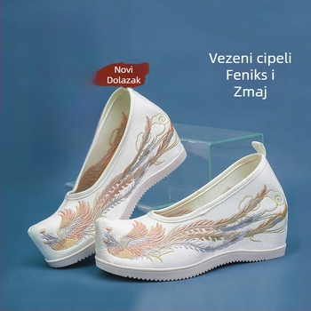 Hanfu ženske cipele, unutarnje podizanje visine, Ming stil, antička izvezeni cvjetni materijal, gornji mikrovlakno, oštar vrh, visok gornji dio, pet 6–8 cm