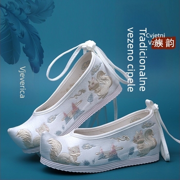 Hanfu ženske cipele, unutarnje podizanje visine, Ming stil, antička izvezeni cvjetni materijal, gornji mikrovlakno, oštar vrh, visok gornji dio, pet 6–8 cm