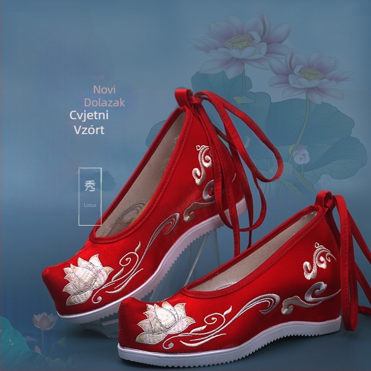 Hanfu ženske cipele, unutarnje podizanje visine, Ming stil, antička izvezeni cvjetni materijal, gornji mikrovlakno, oštar vrh, visok gornji dio, pet 6–8 cm