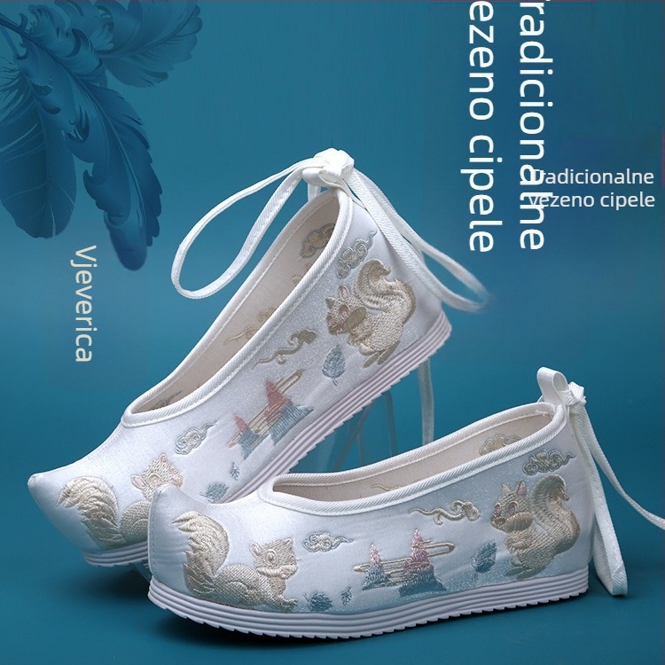 Hanfu ženske cipele, unutarnje podizanje visine, Ming stil, antička izvezeni cvjetni materijal, gornji mikrovlakno, oštar vrh, visok gornji dio, pet 6–8 cm