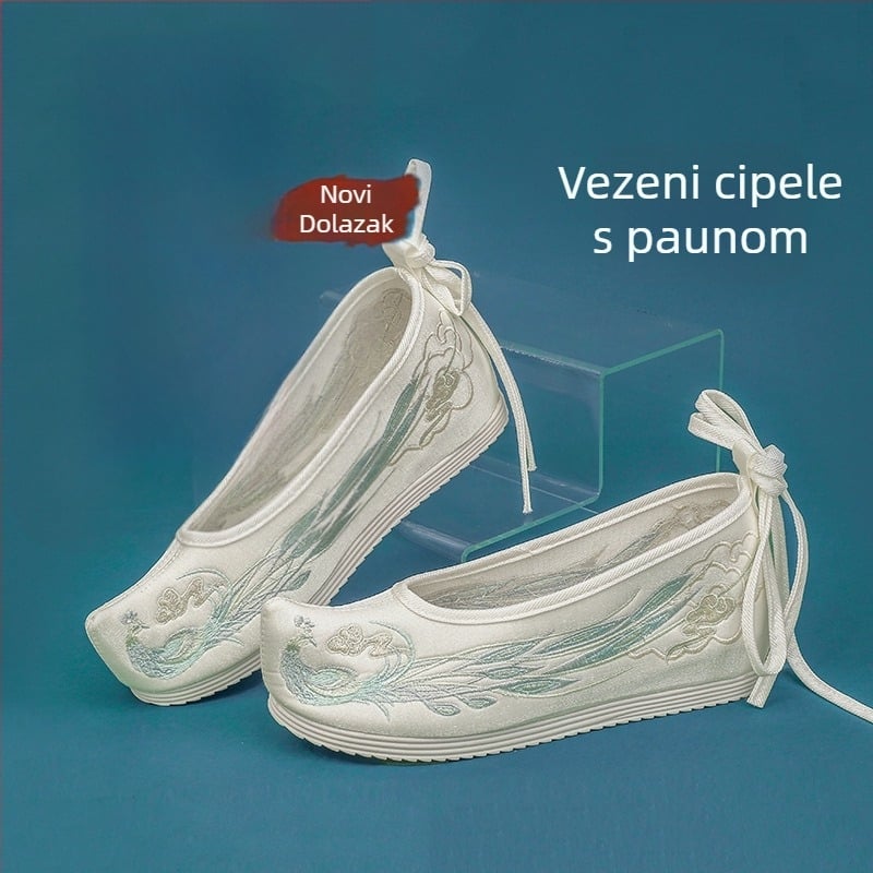 Hanfu ženske cipele, unutarnje podizanje visine, Ming stil, antička izvezeni cvjetni materijal, gornji mikrovlakno, oštar vrh, visok gornji dio, pet 6–8 cm