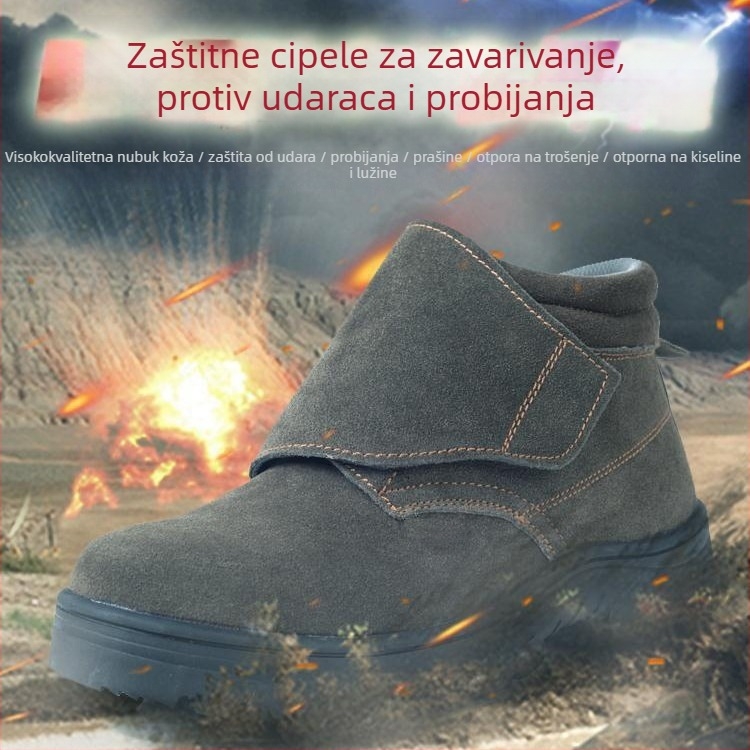 Zaštitne cipele za zavarivanje: otporne na udarce i probijanje, materijal obrnuti velur, čelični vrh, srednje visoki gornji dio.