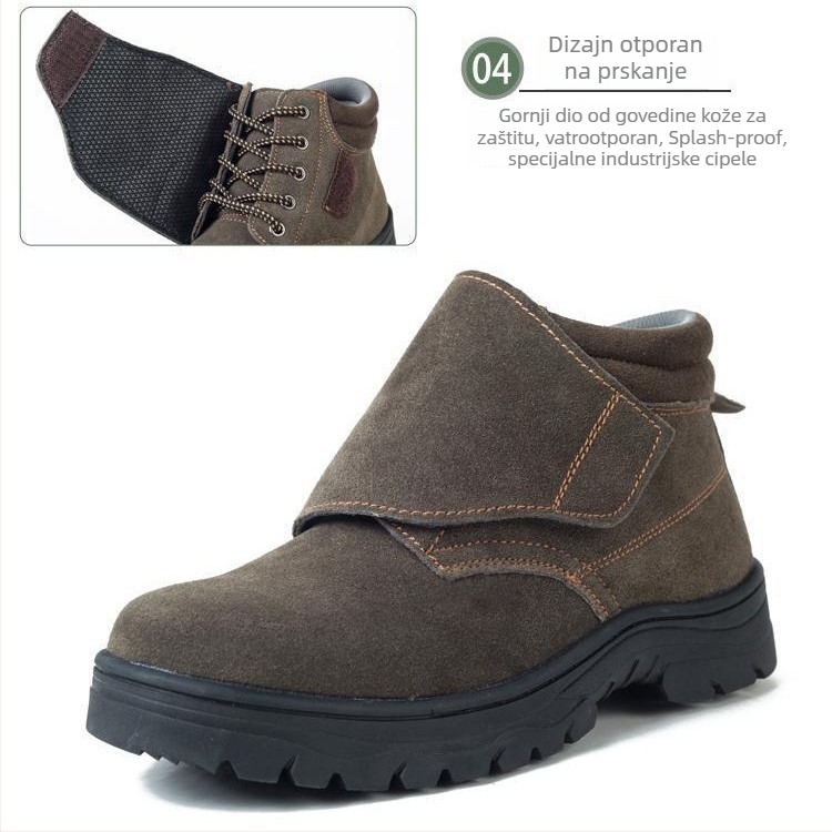 Zaštitne cipele za zavarivanje: otporne na udarce i probijanje, materijal obrnuti velur, čelični vrh, srednje visoki gornji dio.