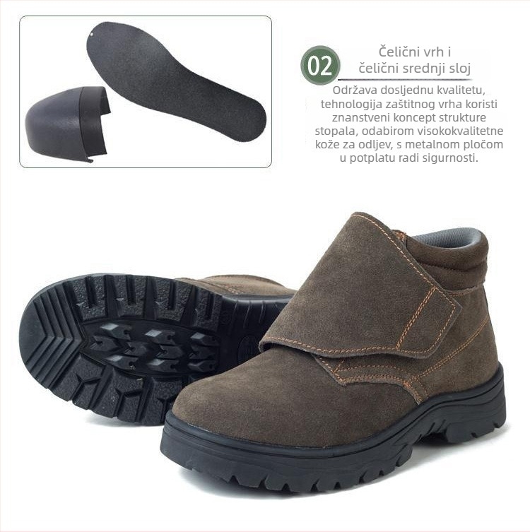 Zaštitne cipele za zavarivanje: otporne na udarce i probijanje, materijal obrnuti velur, čelični vrh, srednje visoki gornji dio.