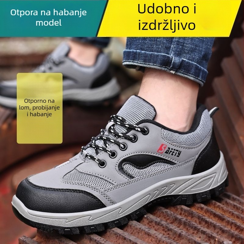 Zaštitne cipele s čeličnim prstom; mikrovlakana koža + platno; niski kroj; otporne na udarac i probijanje; prozračne; protuklizne; za gradilišta, skladišta i planinske šetnje