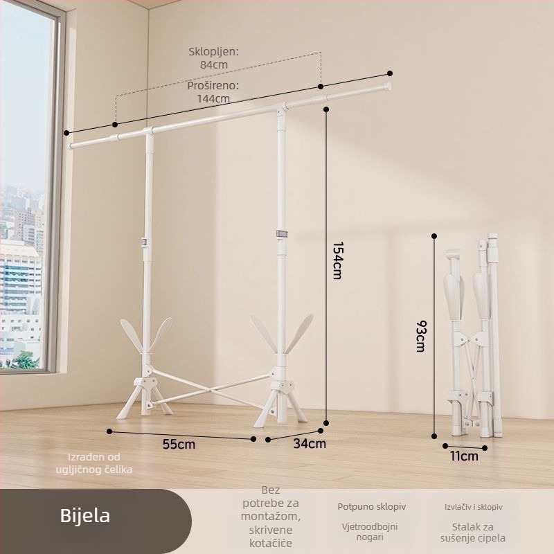 Podni stojeći stalak za sušenje odjeće, teleskopski, mobilan i sklopiv, od nehrđajućeg čelika, za balkon, dom ili studentski dom, model 7845756785