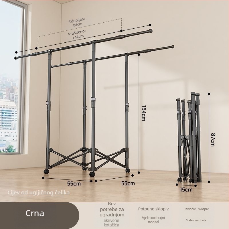 Podni stojeći stalak za sušenje odjeće, teleskopski, mobilan i sklopiv, od nehrđajućeg čelika, za balkon, dom ili studentski dom, model 7845756785