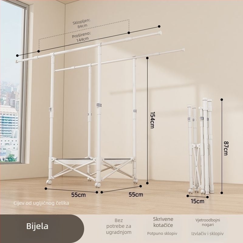 Podni stojeći stalak za sušenje odjeće, teleskopski, mobilan i sklopiv, od nehrđajućeg čelika, za balkon, dom ili studentski dom, model 7845756785