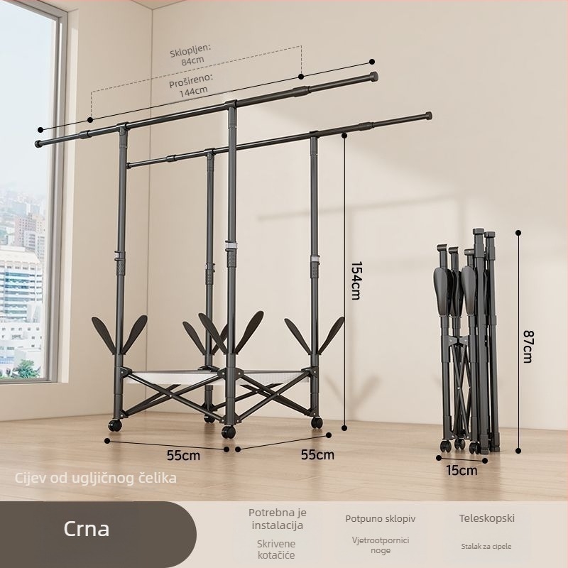 Podni stojeći stalak za sušenje odjeće, teleskopski, mobilan i sklopiv, od nehrđajućeg čelika, za balkon, dom ili studentski dom, model 7845756785