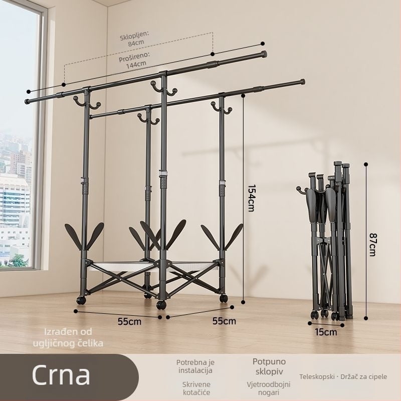 Podni stojeći stalak za sušenje odjeće, teleskopski, mobilan i sklopiv, od nehrđajućeg čelika, za balkon, dom ili studentski dom, model 7845756785