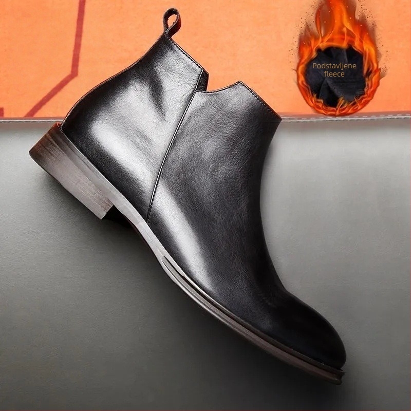 Muške Chelsea čizme od prave kože, kvadratni vrh prsta, bočni zip, srednja visina, nizak klin
